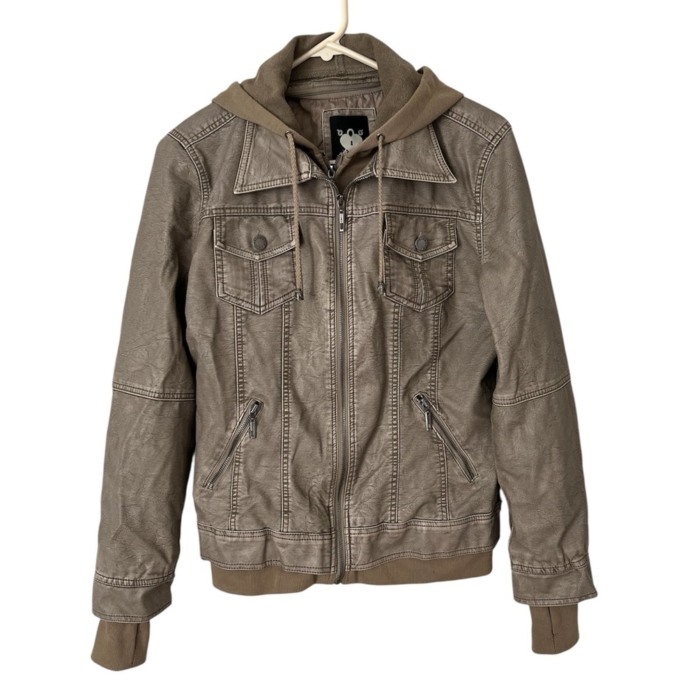 LOCK & LOVE Hooded Aviator Waxed Jacket Women L Tan Faux Leather Bikercore